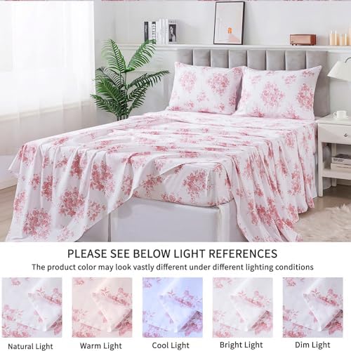 FADFAY Full Sheets 100% Cotton Pink Rose Floral Bed Sheets, Coquette Cottagecore Bedding for Girls Women, Soft Crisp & Breathable Luxury Shabby Vintage Deep Pocket Fitted Sheet, 4Pc