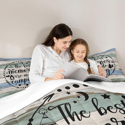 Happy Camping Comforter Set Queen,Boho Arrows Black Sketch Bedding Set 3pcs for Kids Teens Adults Room Decor,Teal Old Wood Board Quilt Set,Rustic Farmhouse Duvet Insert with 2 Pillowcases