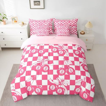 Hot Pink Fashion Y2K 7 Piece Comforter Set Full Size Lucky 8 Ball Bedding Set For Kids Girls Teen Women,Cherry Bow Geometric Checkered Bed In A Bag With Sheets Girly Coquette Trendy Aesthetic Bed Set