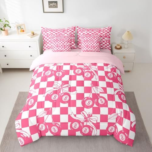 Hot Pink Fashion Y2K 7 Piece Comforter Set Twin Size Lucky 8 Ball Bedding Set For Kids Girls Teen Women,Cherry Bow Geometric Checkered Bed In A Bag With Sheets Girly Coquette Trendy Aesthetic Bed Set