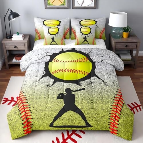 Erosebridal Baseball Game Comforter 7 Pieces with Sheets - Boys Sports King Bedding Sets Graffiti Tie Dye Sports Themed Bed in A Bag for Teenage Boy Baseball Room Decor