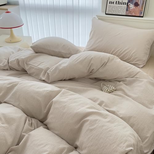 mixinni Tan Striped Duvet Cover Full Size - 100% Washed Cotton Beige Pinstripe Comforter Cover with Zipper Closure, Lightweight & Breathable, 3 Pieces Minimalist Stripes Pattern Printed Bedding Set