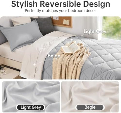 MUXHOMO 5 Pieces Twin XL Comforter Set, Reversible Bed in a Bag Twin XL Size, All Season Bedding Set with Comforter, Flat Sheet, Fitted Sheet, Pillowcases & Shams, Light Grey & Beige