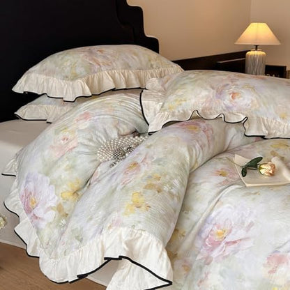 VM VOUGEMARKET Muslin Cotton Duvet Cover Queen Chic Floral Duvet Cover with Romantic Ruffles Soft Linen Like Gauze Comforter Cover with Zip Closure and Corner Ties- 90"x90"