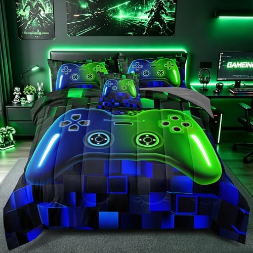 6 Pieces Gaming Bedding Set Queen Size for Boys, Blue Green 3D Video Game Controller Comforter Set for Girls Kids Teens, Cool Gamer Bedroom Decor with Sheets Pillowcases Queen55
