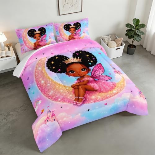 Black Girl Fairy Comforter Set Twin Size with 2 Pillowcases.