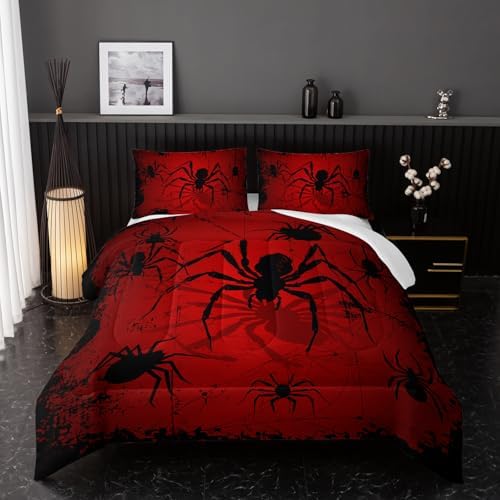 Nttopship Boys Spider Printed Comforter Set Bed in A Bag Queen Size 3PCS Red Bedding Set Cool Black Spider Comforter Set Girls Boys Kids Comforter Bedding Set with 2 Pillowcases