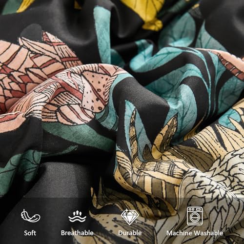 Luxudecor King Comforter Set 7 Pieces Bedding Sets, Black Floral Comforter and Sheet Set, Soft Microfiber Bed in a Bag for All Seasons (Black,104"x90")