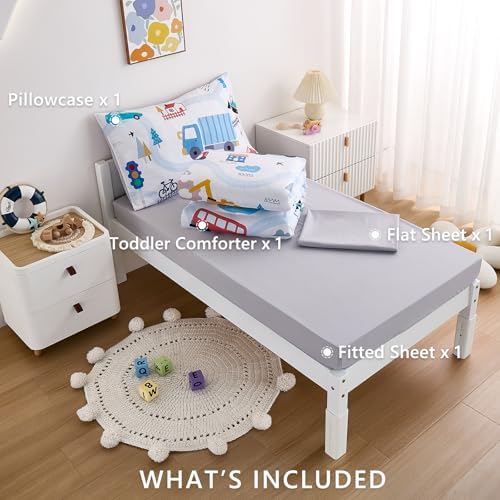 4-Piece Cars Toddler Bedding Set for Boys Girls- Soft & Skin Friendly Toddler Bed Set Includes Toddler Comforter, Flat Sheet, Fitted Sheet and Pillowcase (Light Blue)