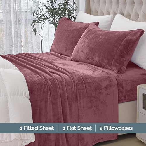 Elegant Comfort Luxuriously Soft 4-Piece Velvet Plush Flannel Sheet Set - Premium Quality - Cozy Warm, Anti-Static, Non Pilling Fuzzy Velvet Flannel Fleece Deep Pocket Sheet Set - Cal King, Rose