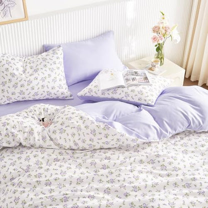 Wake In Cloud - Floral Comforter Set with Sheets, Coquette Cottagecore Aesthetic Flower Shabby Chic Pattern for Women Teen Girls, 7 Pieces Bed in a Bag, White Purple, Full Size