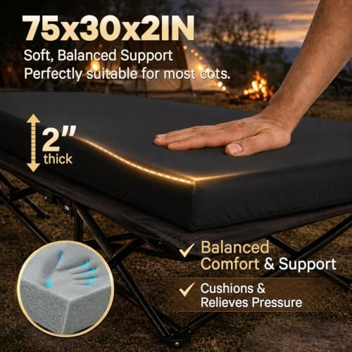 CYMULA Camping Cot Pad 2 Inch Memory Foam, Pad Only,Camping Pad for Folding Cot and Foldable Cot, Portable Roll Up Camp Gear for Car Camping Travel Tent, Non-Slip Waterproof Bottom, Removable Cover