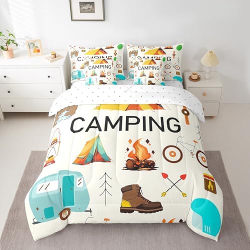 Erosebridal 7 Piece Happy Camping Full Comforter Set for Camper,RV Bunk Bedding Sets with Sheets for Kids Boys Girls,Travel Trailer Tent Decor Bed Set with Fitted Sheet+Flat Sheet,Pillowcases