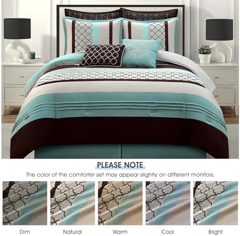 LANCO MODERN LIFESTYLE Queen Comforter Set, Aqua Brown Bedding Set, Jacquard Woven with Embroidery, 8 Pieces Bed in a Bag, Bed Skirt, Shams and Decorative Pillows
