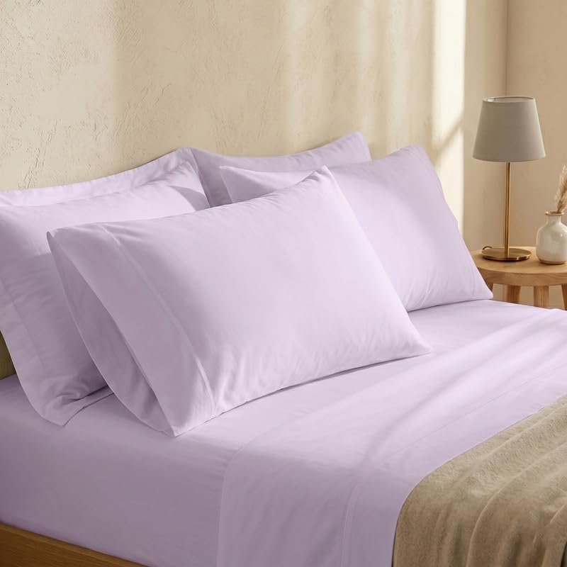 BIOWEAVES 100% Organic Cotton Sheets, 300 Thread Count 4-Piece GOTS Certified Bed Sheet Set Fits Mattress Upto 17" Deep Pocket, Soft & Silky Sateen Weave (King, Lavender)