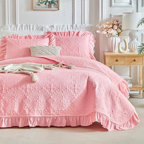 Ruffles Quilt Set Twin Size 68 * 86in - 2 Pieces Solid Shabby Chic Farmhouse Ruffled Bedding Rustic Coverlet Lightweight Fluffy Summer Oversized Bedspread with Shams for Women Men Pink