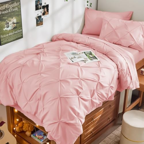 JOLLYVOGUE Twin Comforter Set 5 Pieces - Bed in a Bag Twin for All Season, Pintuck Bedding Comforter Sets with Comforter, Flat Sheet, Fitted Sheet and Pillowcases & Shams, Pink