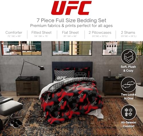 UFC Fight Night Bedding Set, Full Size 7 Piece Set Super Soft Cozy Reversible Comforter and Sheet Set with Sham, (100% Officially Licensed Product) by Franco