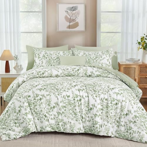 WONGS BEDDING 6 Pieces Twin Size Comforter Set Green Floral Bed Set