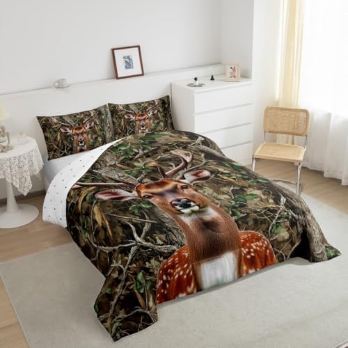 Feelyou Camo Deer Comforter Set Twin Size Deer Antlers Army Camouflage Bedding Set Boys Girls Wild Animal Hunting Comforter Set Forest Branches Duvet Insert Bed Set 2Pcs