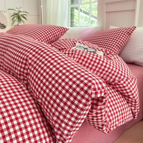 LifeTB Queen Comforter Set Red Gingham Comforter Modern Style Plaid Boho Comforter Set 3 Pieces Fluffy Grid Checkered Comforter with 2 Pillowcases Farmhouse Gingham Bedding Set Queen Size