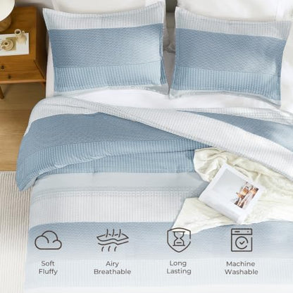 Litanika Grey Blue California King Comforter Set - 3 Pieces Stripe Bed Set