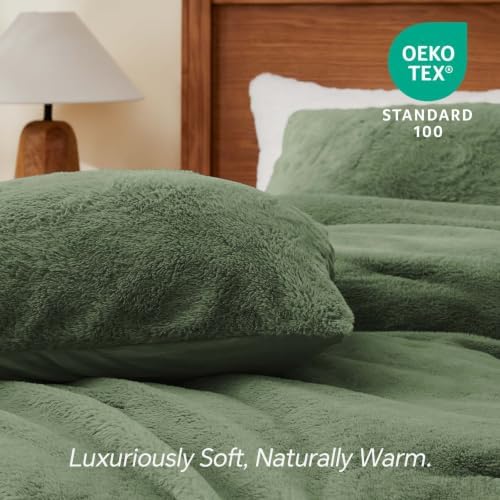BEDELITE Faux Fur Queen Comforter Set Olive Green,Warm Comforter for Winter