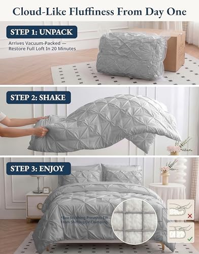 LANE LINEN 7 Piece King Comforter Set Microfiber Down Alternative - Silver