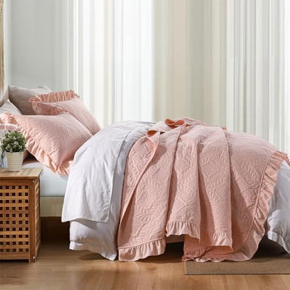 DJY Queen Size Quilt Sets, Ruffled Bedding Set, Blush Pink