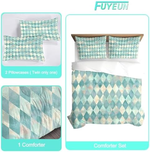 Teal Geometric Comforter Set King Size Checkered Bedding for Women Girls Bedroom Rhombus Quilt Bed Set 1 Comforter 2 Pillowcases