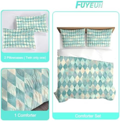 Teal Geometric Comforter Set King Size Checkered Bedding for Women Girls Bedroom Rhombus Quilt Bed Set 1 Comforter 2 Pillowcases