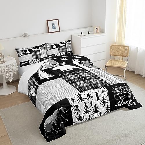Bear Plaids Comforter Set King Size,Pine Trees Animals Hunting Bedding Set for Kids Boys Girls Adults Room Decor,Adventure Rustic Farmhouse Down Comforter,Black Retro Duvet Insert,2 Pillowcases