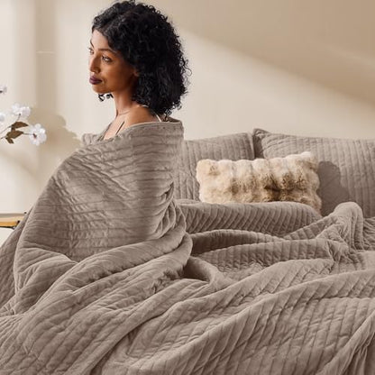Wonderful - Velvet Quilt Set King Size Light Brown, Soft Cotton-Feel Plush Coverlet with Shams, Premium Vertical Channel Stitched, Lightweight All-Season Bedspread