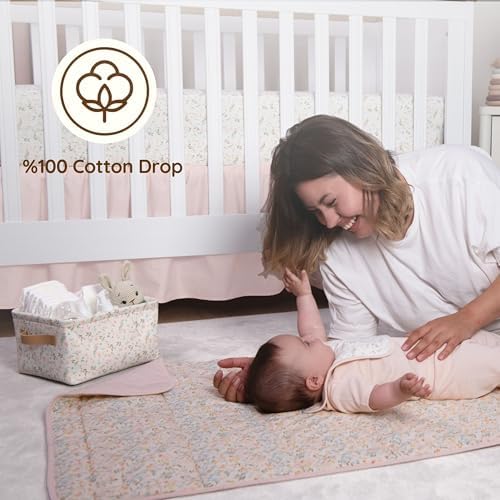Ruffled Crib Bed Skirt, Baby Crib Skirt Girl, 52"x28" with 15" Drop Nursery Bedskirt, Cotton Bed Skirt, Oeko TEX Certified Cribs Dust Ruffle, Crib's Accessories Girl (Pink Bed Skirt)