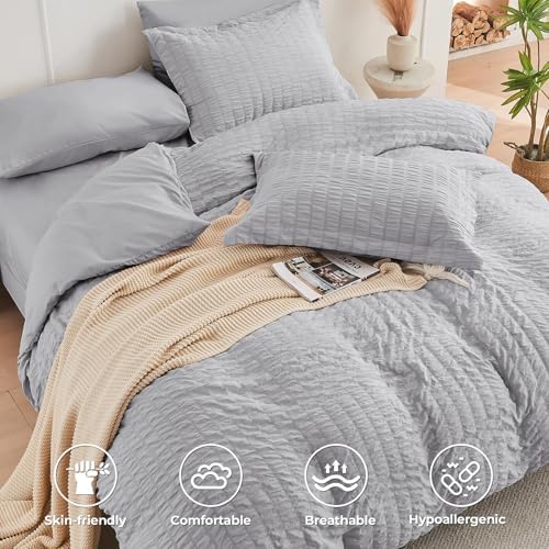 HYMOKEGE Light Grey Full Size Comforter Sets Seersucker 7 Pieces, All Season Luxury Bed in a Bag for Bedroom, Bedding Set with Comforters, Sheets, Pillowcases & Shams