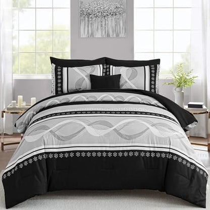 Anibedding Black Comforter Set King Size,8 Pieces Boho Bed in a Bag Patchwork Striped Comforter Set, Soft Microfiber Bedding Set for All Season(104"×90")