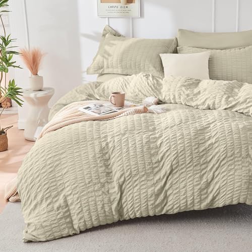 HYMOKEGE Light Linen King Size Comforter Set Seersucker 7 Pieces, All Season Luxury Bed in a Bag for Bedroom, Bedding Set with Comforter, Sheets, Pillowcases & Shams