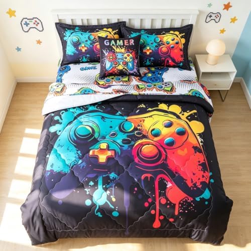 ADASMILE A & S Gaming Comforter Twin for Boys 6 Piece Game Console Bedding
