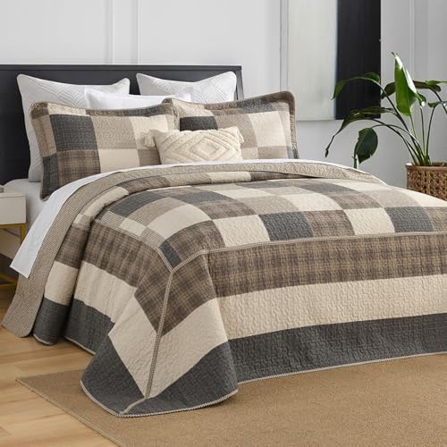 SahSahCasa 120"x120" 100% Cotton Oversized California King Bedspread Coverlet Quilt Set, Cal King Quilted Bedspread Extra Large Quilt, XL Bed Spread Lightweight Comforter, 3pc, Charcoal/Beige/Brown