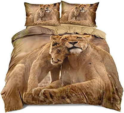 Animal Lions Pattern Duvet Cover Set California King Size Wild Lion Comforter Covers and Pilliw Shams Camel Color Bedding Sets Romantic Jungle Theme Bedroom Deco Gift