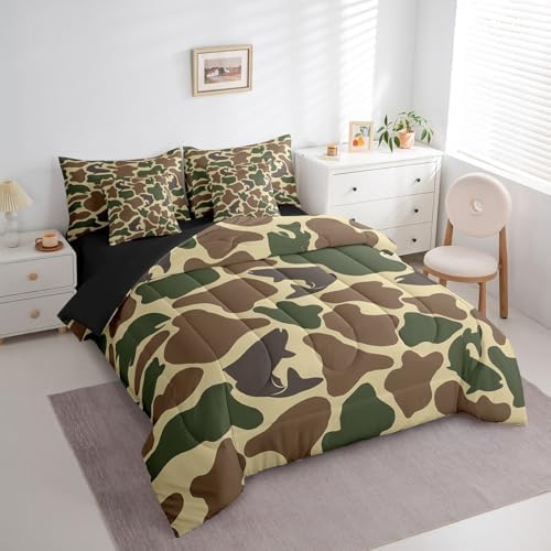 Erosebridal Bass Fish Queen Comforter Set Fishing Camo Bedding Sets 7Pcs Rustic Farmhouse Bed in a Bag Army Camouflage Sheet Set with Comforter Vintage Brown Green Decor Bed Set Outdoor Camping Gifts