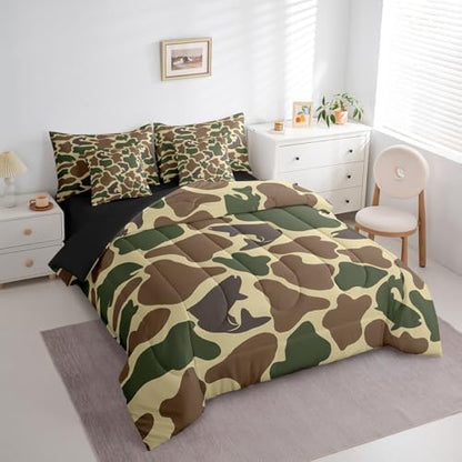 Erosebridal Bass Fish Comforter Set Twin Fishing Camo Bedding Sets 7Pcs Rustic Farmhouse Bed in a Bag Army Camouflage Sheet Set with Comforter Vintage Brown Green Decor Bed Set Outdoor Camping Gifts