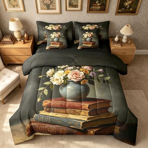Erosebridal Vintage Book 7 Piece Bedding Set Twin Flower Comforter Set with Sheets Ancient Books Bed in a Bag Retro Plants Bed Sets Comforter