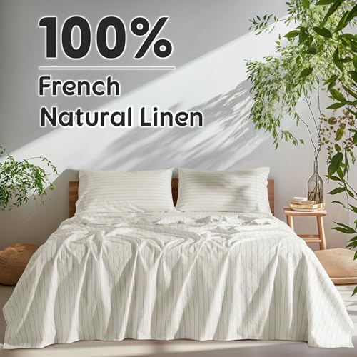 SONORO KATE 100% French Linen Queen Size Sheets Set,Natural Flax Bedding