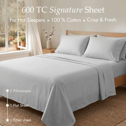 Threadmill 600TC Cotton Queen Sheet Set, Sateen, Damask Stripe, Light Grey