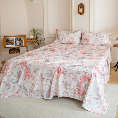 FADFAY 100% Cotton Percale Queen Sheet Set, Vintage Pink Paisley Floral