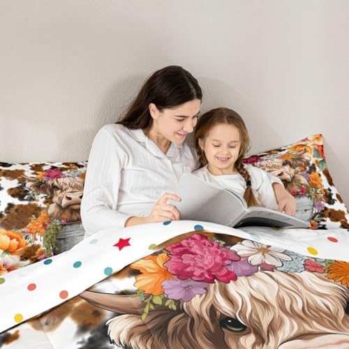 Highland Cattle Cup Comforter Set for Kids Adults,Retro Cow Skin Farmhouse Animal Soft Bedding Comforter Sets King,Watercolor Wild Flowers Rustic Style Quilt Comforter with 2 Pillowcases