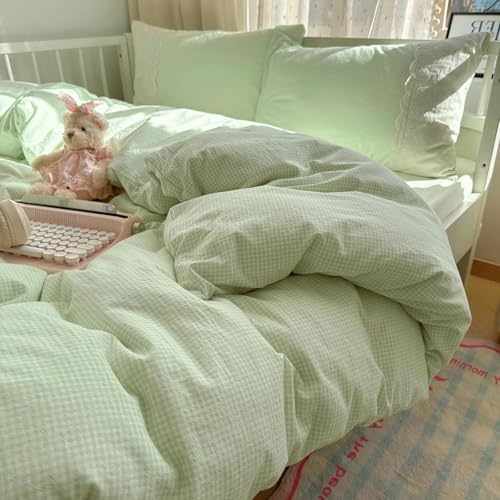 LifeTB Green Gingham Comforter Set King Romantic Lace Style Vintage Checkered Plaid Comforter Set 3 Pieces Green Grid Comforter with 2 Pillowcases Soft Fluffy Farmhouse Gingham Bedding Set King