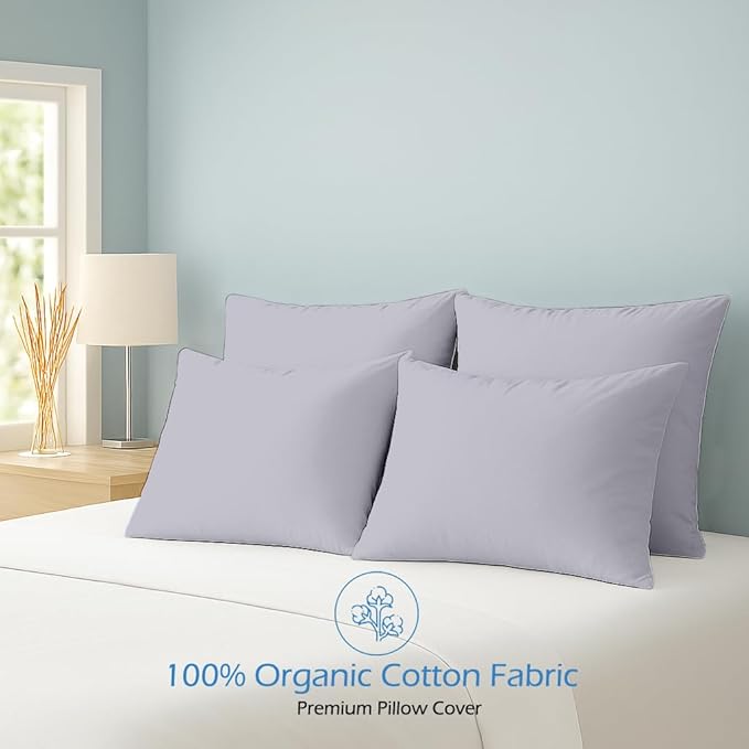 Comfort Beddings King Pillowcases Set of 4 – 100% Organic Cotton, 600 Thread Count Sateen, Soft & Comfy Pillow Covers with Envelope Closure, Silver, King Size 20 x 40 Inches
