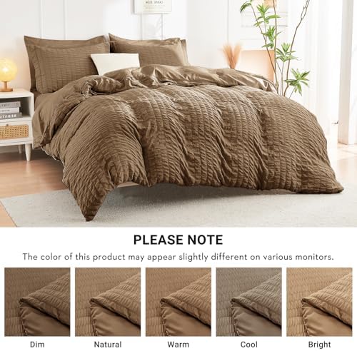 HYMOKEGE Brown Oversized Queen Comforter Set Seersucker 7 Pieces, All Season Luxury Bed in a Bag for Bedroom, Bedding Set with Comforter, Sheets, Pillowcases & Shams